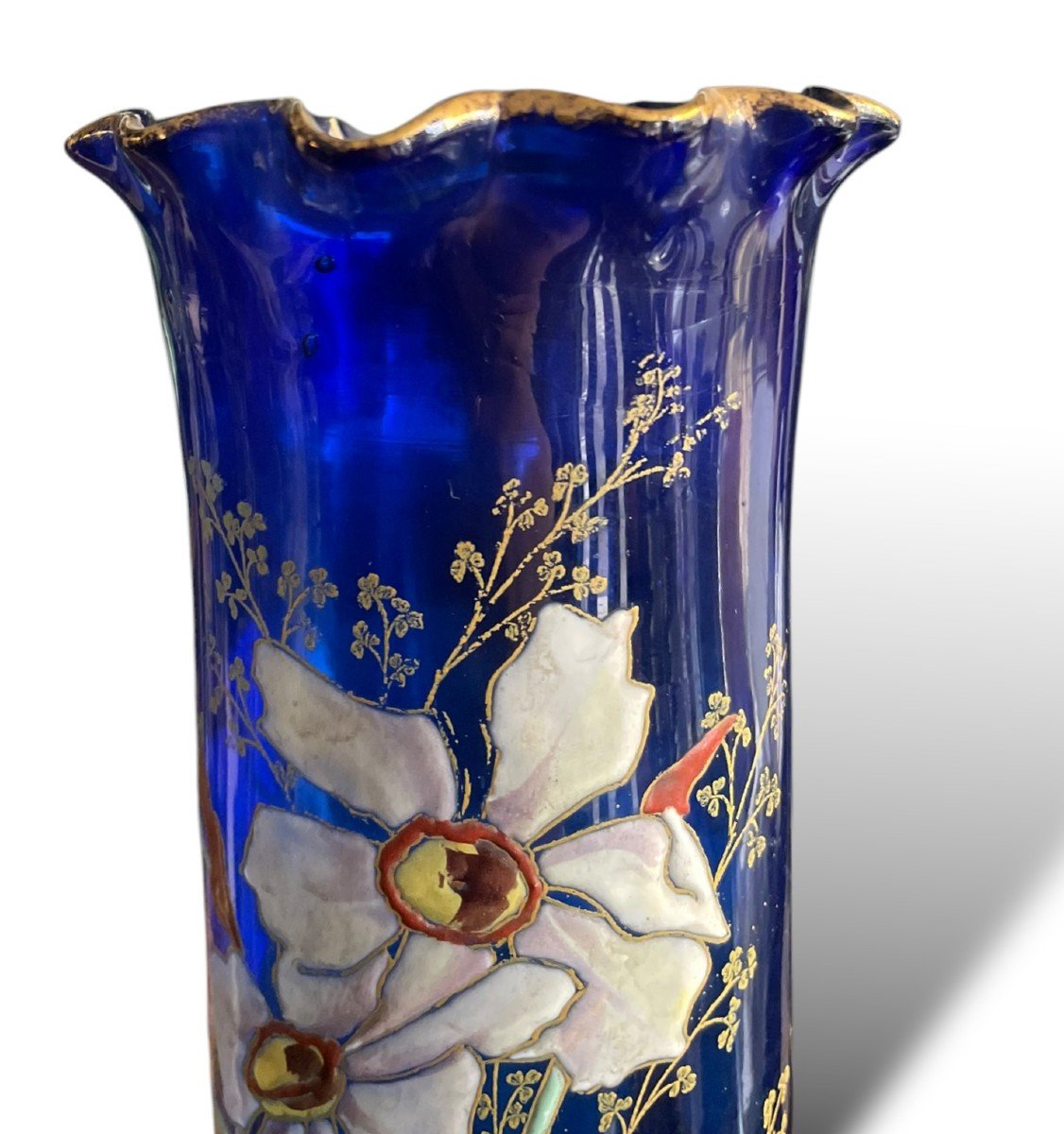 Montjoye Legras Enameled Glass Vase Blue Background Circa 1900-photo-7