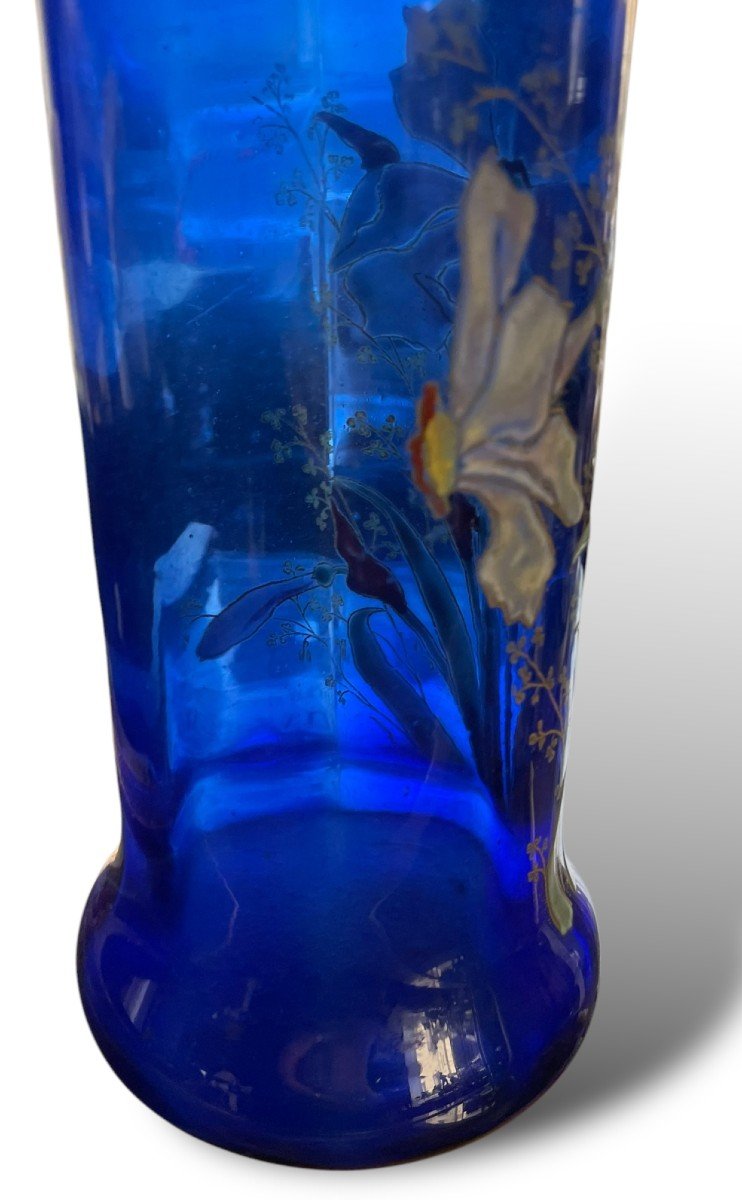 Montjoye Legras Enameled Glass Vase Blue Background Circa 1900-photo-8