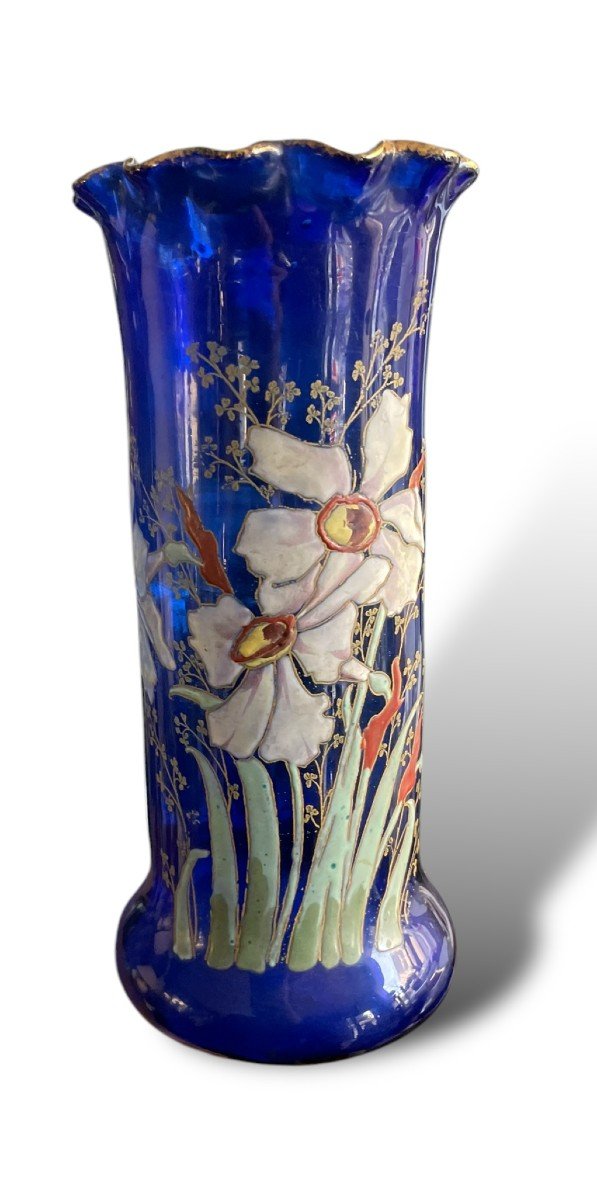 Montjoye Legras Enameled Glass Vase Blue Background Circa 1900