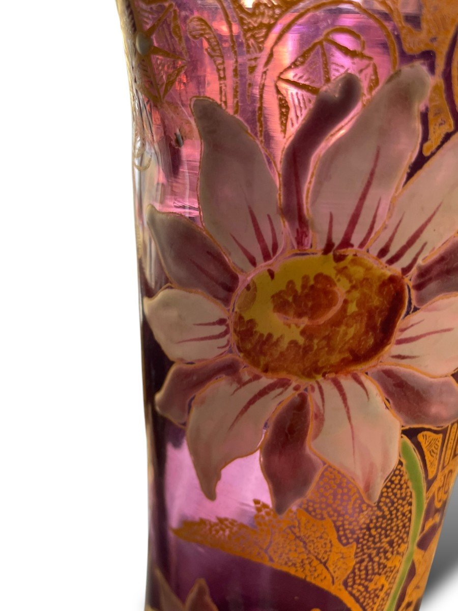 Vase En Verre émaillé  montjoye Legras Fond Violet Circa 1900-photo-3