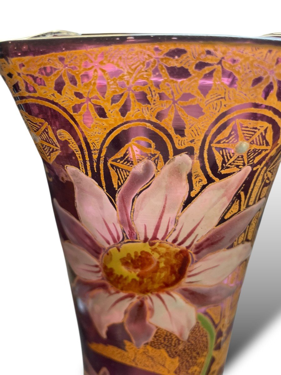 Montjoye Legras Enameled Glass Vase Purple Background Circa 1900-photo-1