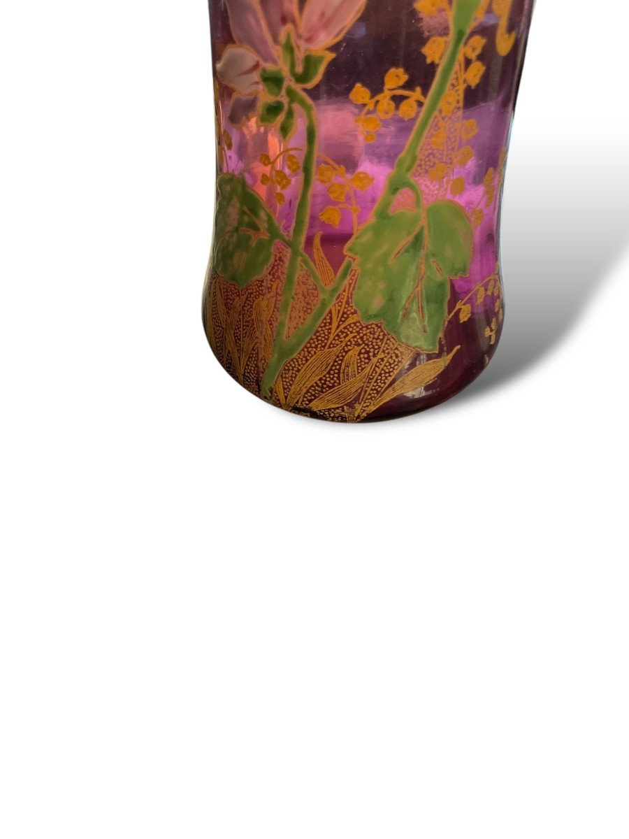 Vase En Verre émaillé  montjoye Legras Fond Violet Circa 1900-photo-4