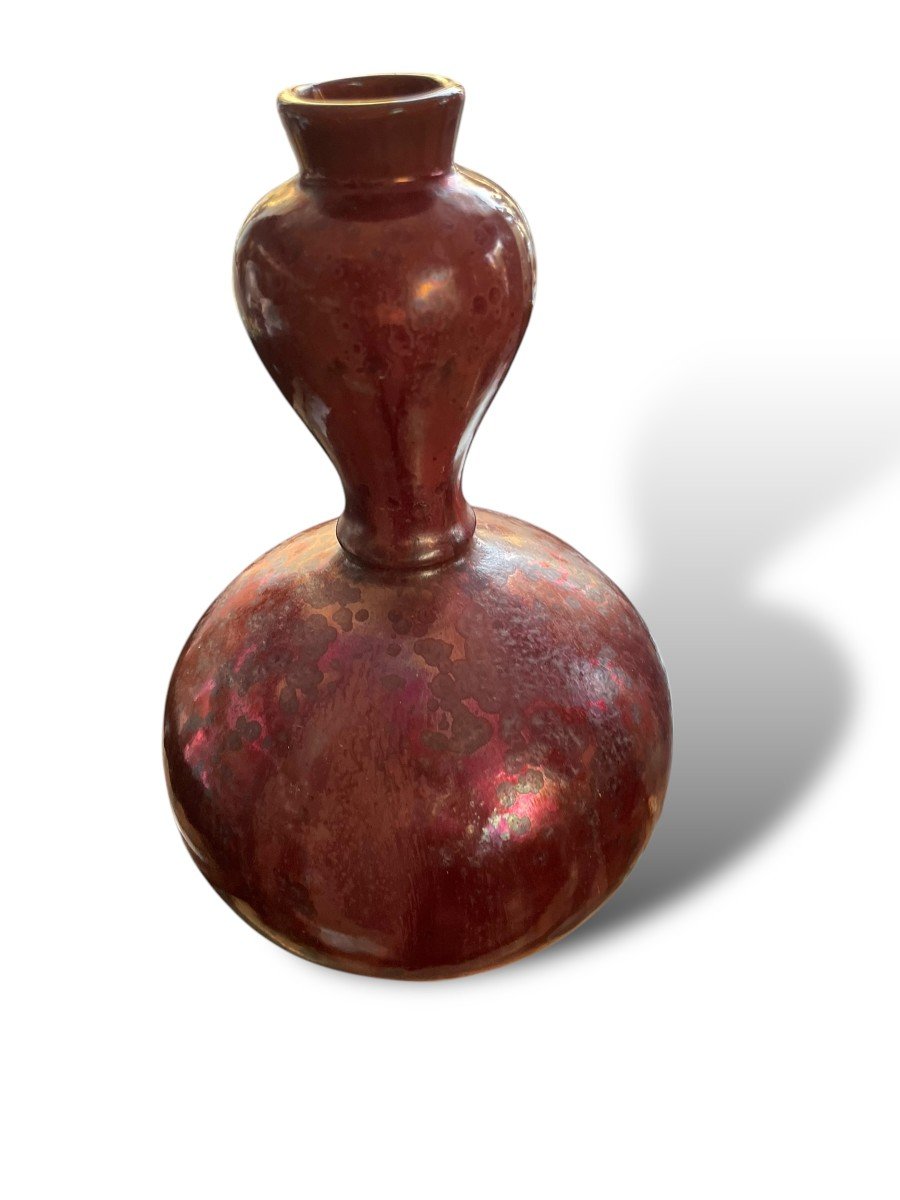 Pol Chambost Vase Double Gourde Fond Rouge Irisé-photo-3