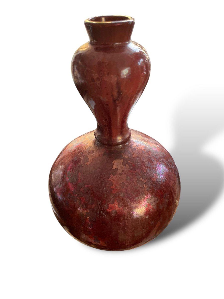 Pol Chambost Vase Double Gourde Fond Rouge Irisé-photo-4