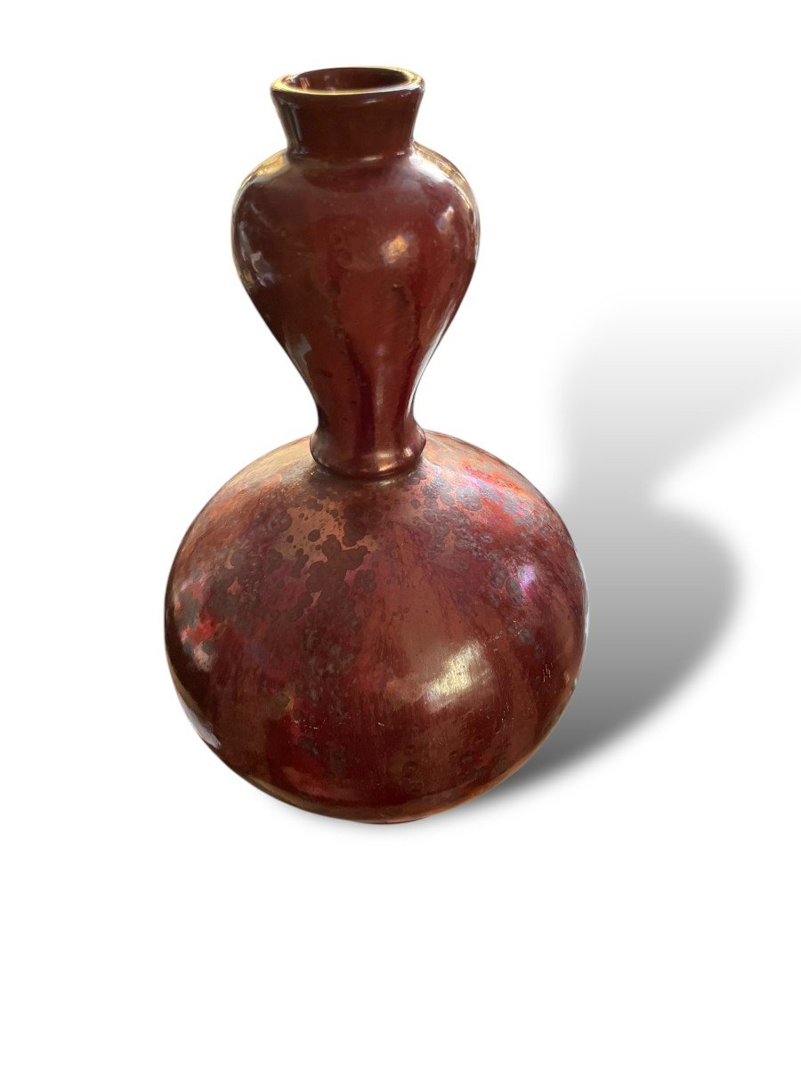 Pol Chambost Vase Double Gourde Fond Rouge Irisé-photo-5