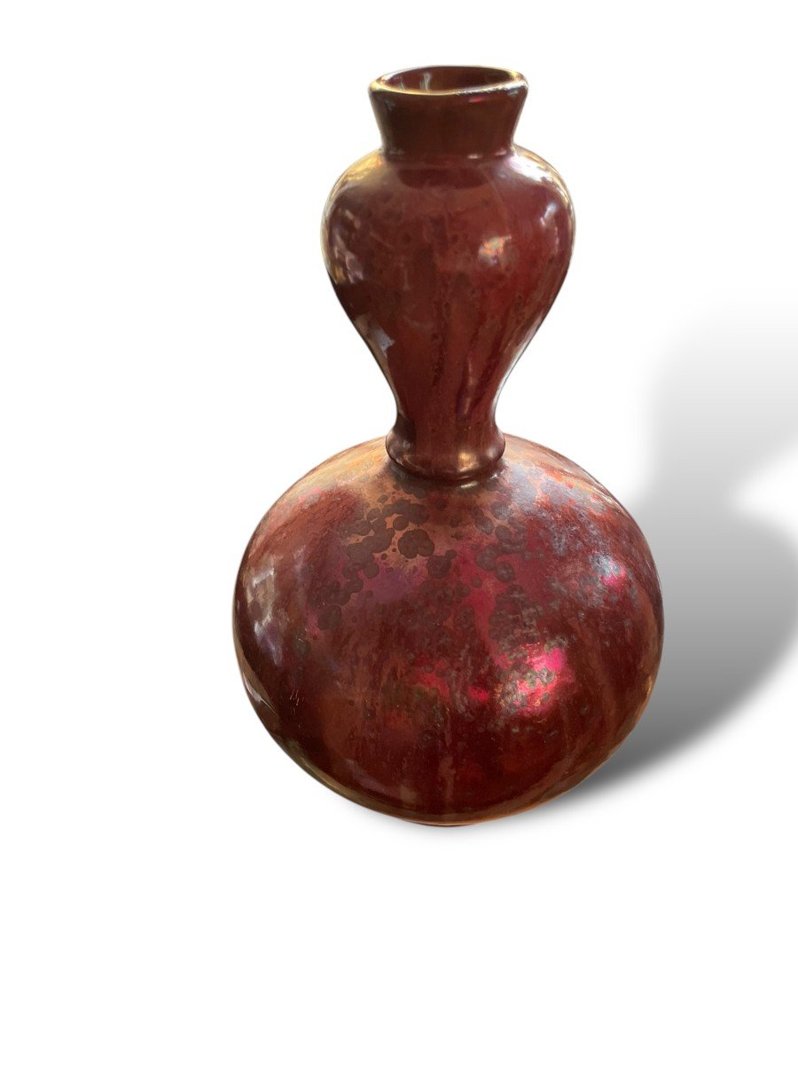 Pol Chambost Vase Double Gourde Fond Rouge Irisé-photo-6