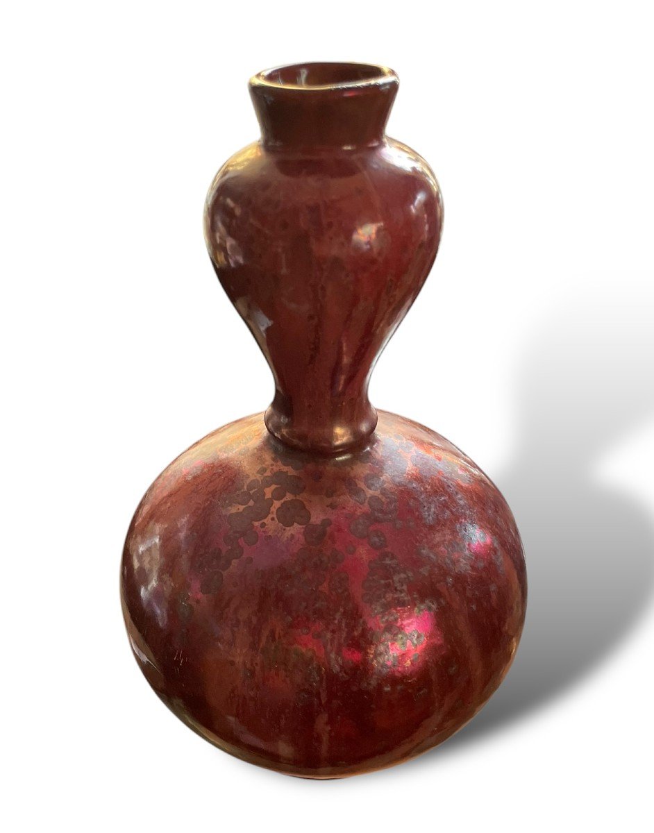 Pol Chambost Vase Double Gourde Fond Rouge Irisé