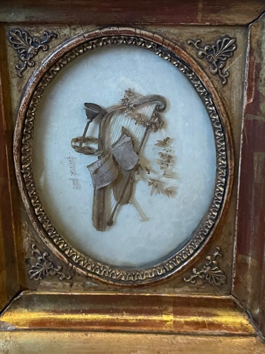 Objet De Curioisité XIXeme Travail De paille et Cheveux Allégorie De La Musique-photo-2