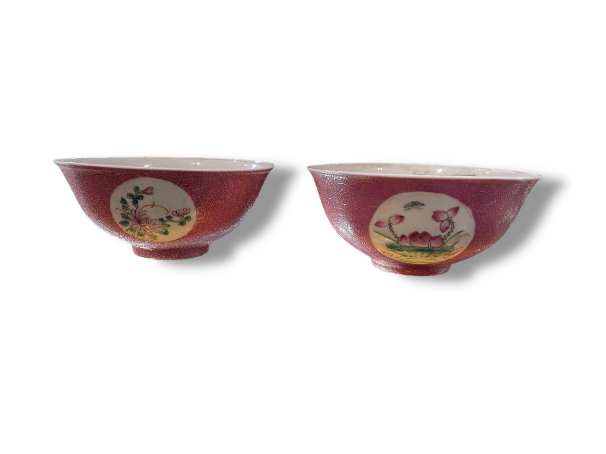 China Pair Of Pink Sgraffito Porcelain Bowls Republic Qianlong Mark-photo-3