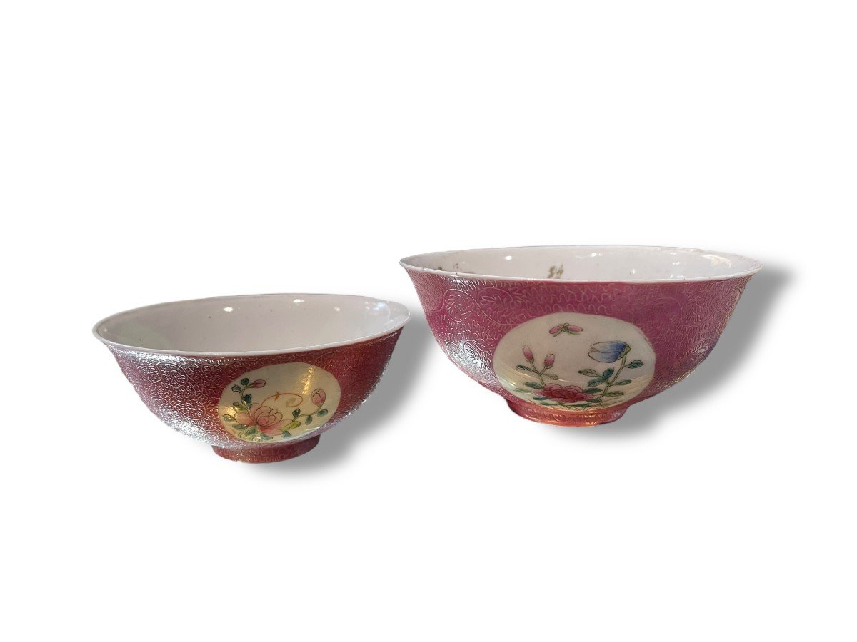 China Pair Of Pink Sgraffito Porcelain Bowls Republic Qianlong Mark-photo-2