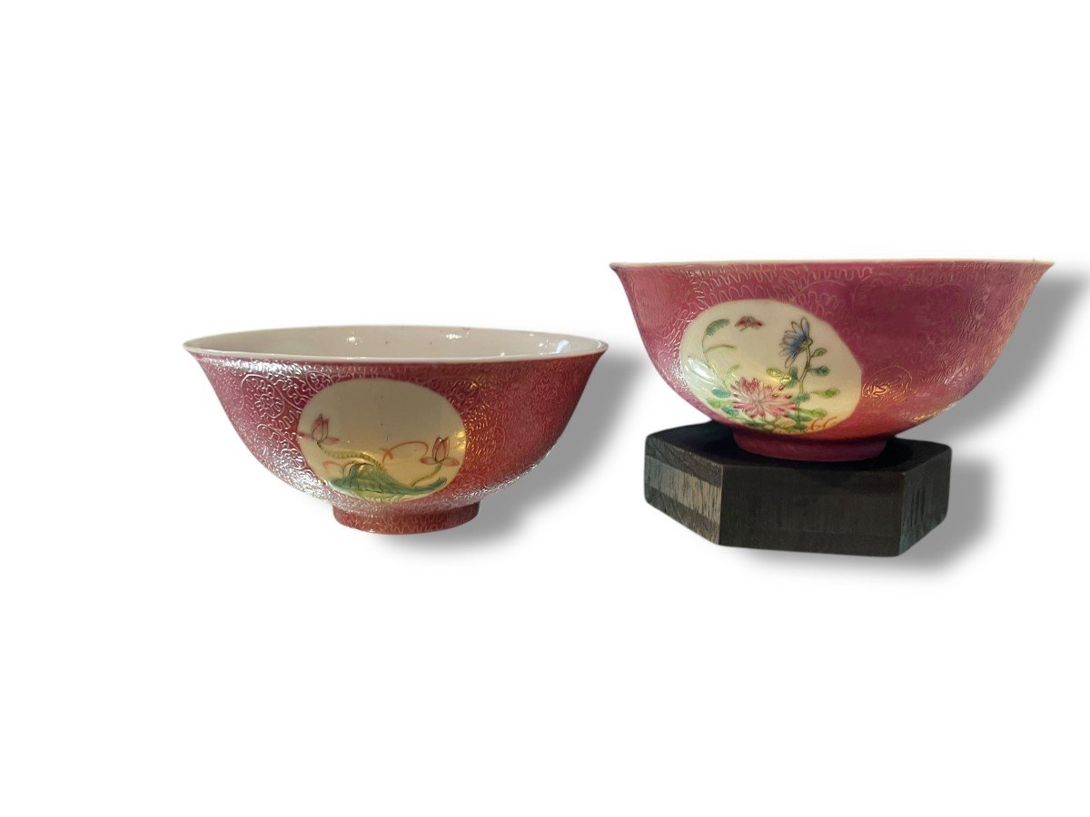 China Pair Of Pink Sgraffito Porcelain Bowls Republic Qianlong Mark-photo-3