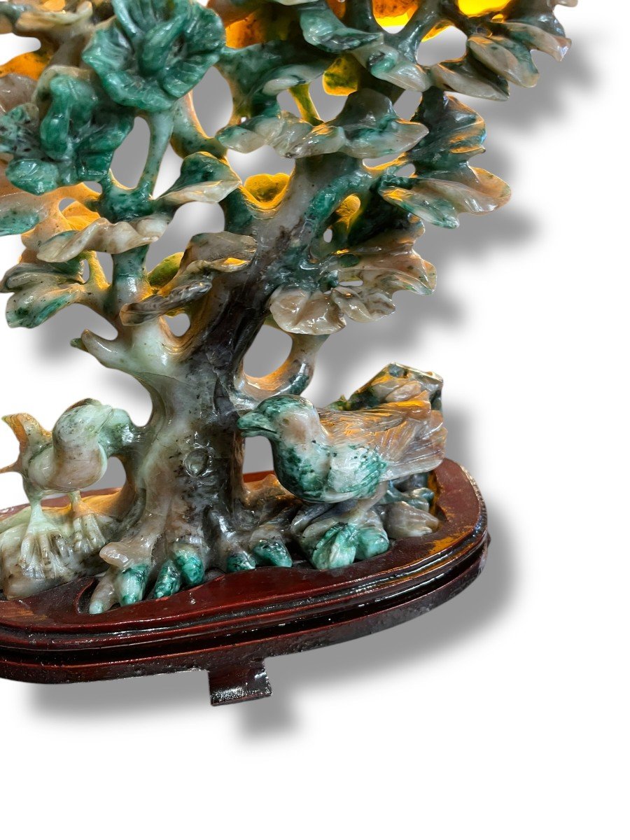 Tree And Birds In Green Hard Stone Jade Nephrite-photo-4