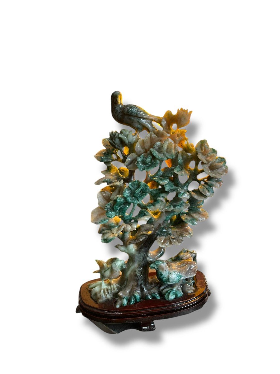 Tree And Birds In Green Hard Stone Jade Nephrite-photo-6