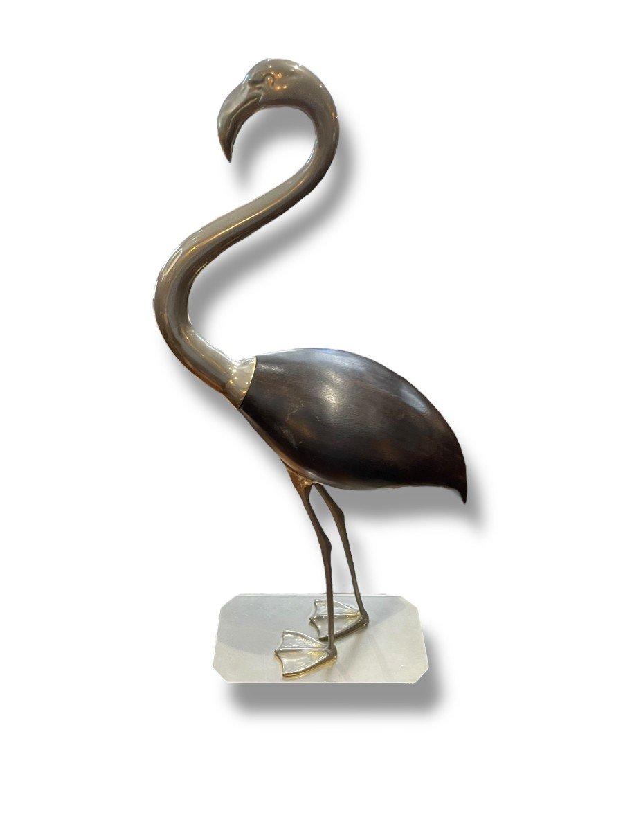 Fondica Flamant Rose En Bois Sculpté Et Laiton-photo-5