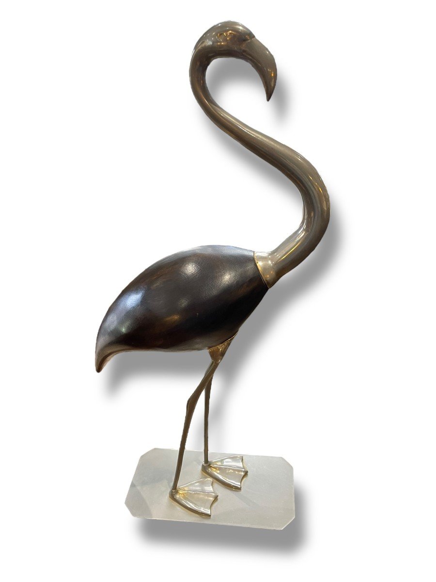 Fondica Flamant Rose En Bois Sculpté Et Laiton