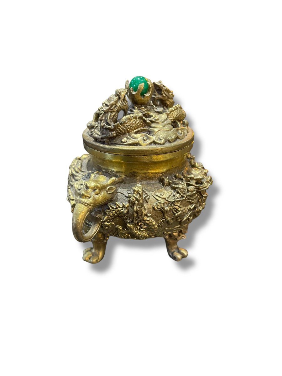 China Gilt Bronze Incense Burner Dragon Model-photo-2