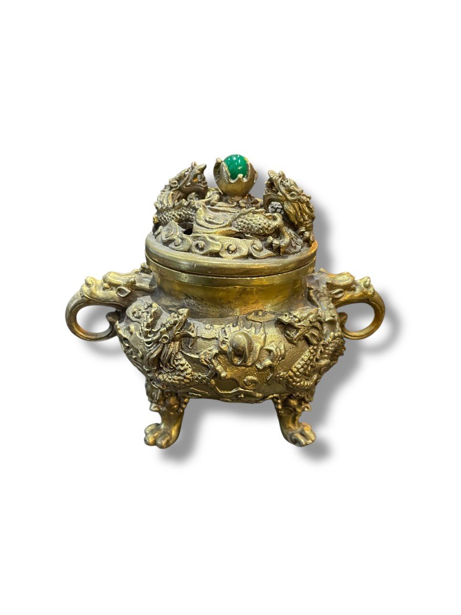 China Gilt Bronze Incense Burner Dragon Model-photo-4