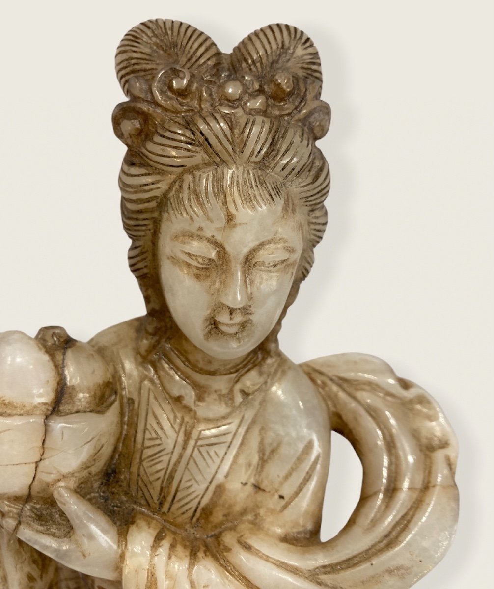 Important Sujet Chinois Guanyin En Jade Nephrite Blanc -photo-4