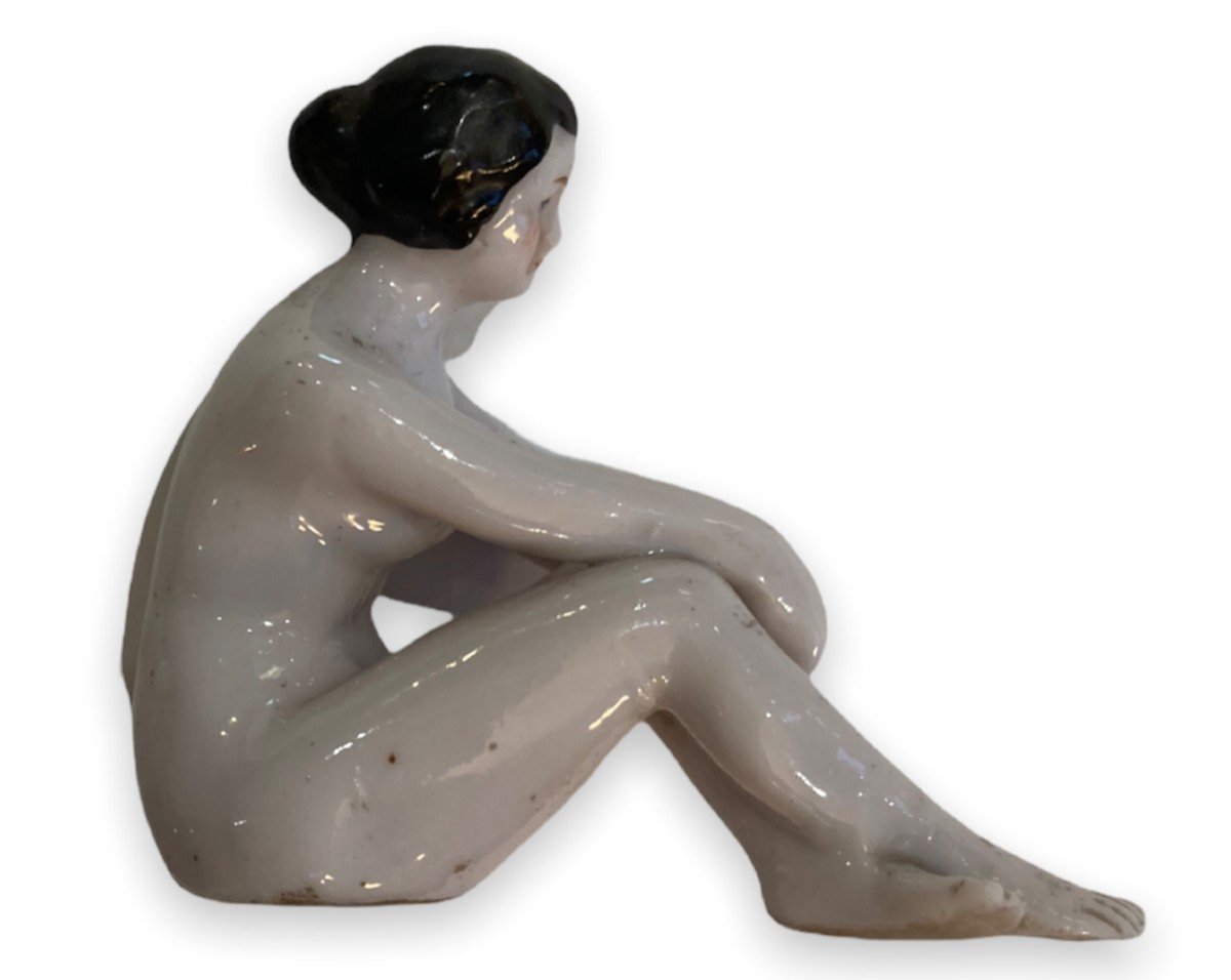 Seated Naked Woman, German Porcelain Subject Circa 1900-photo-1