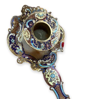 Hand Candlestick In Cloisonne And Alabaster Late 19th Century-photo-2