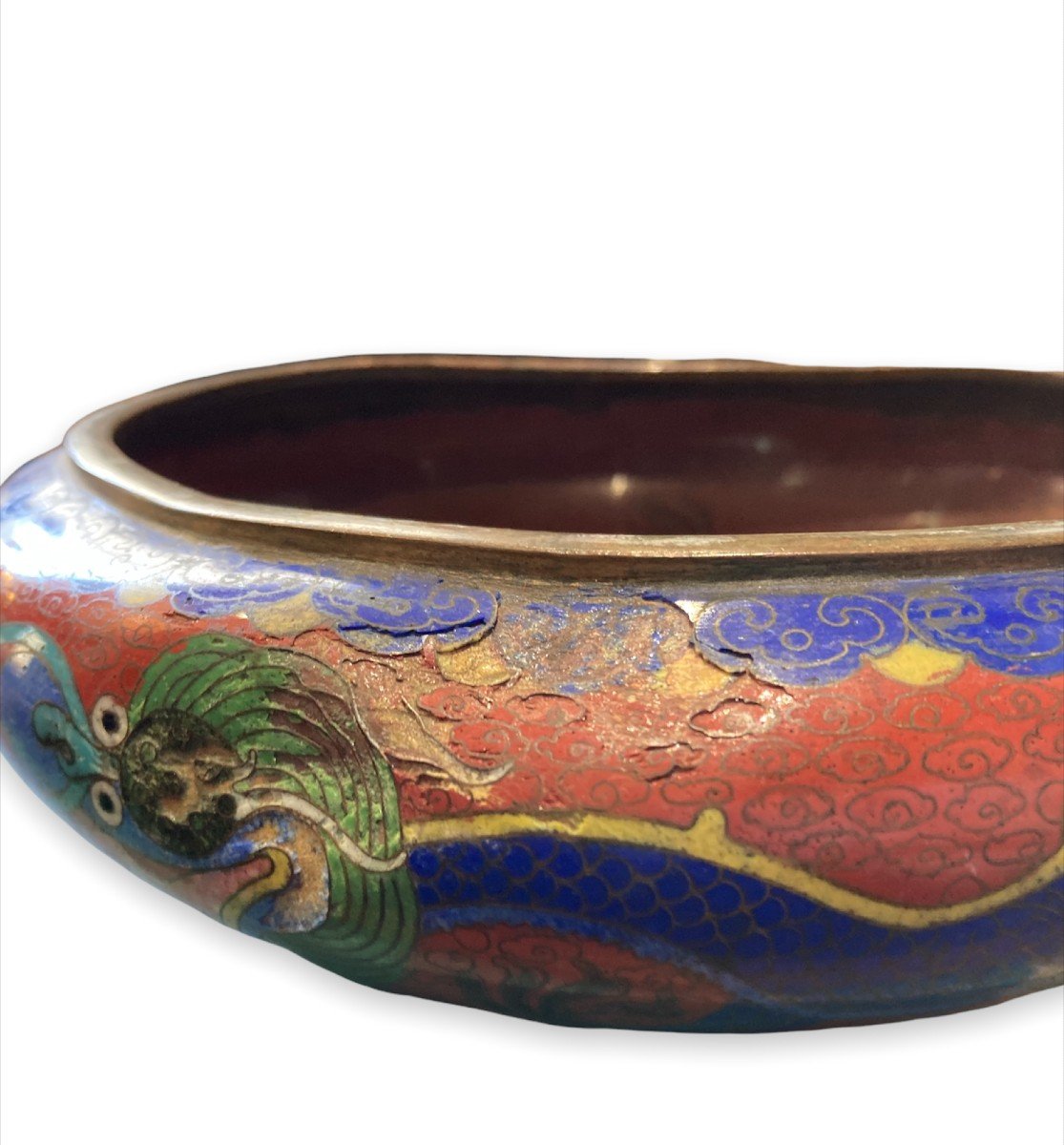 Coupe Chinoise En émaux Cloisonnés Polychrome à Motif De Dragon Circa 1920-photo-4