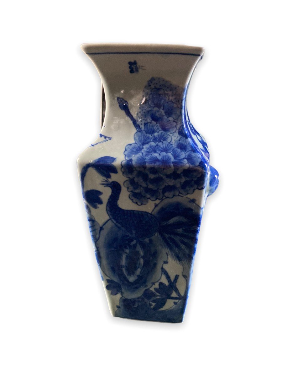 Chinese Baluster Vase Square Base Celadon Background Blue Patterns Early 20th Century-photo-6