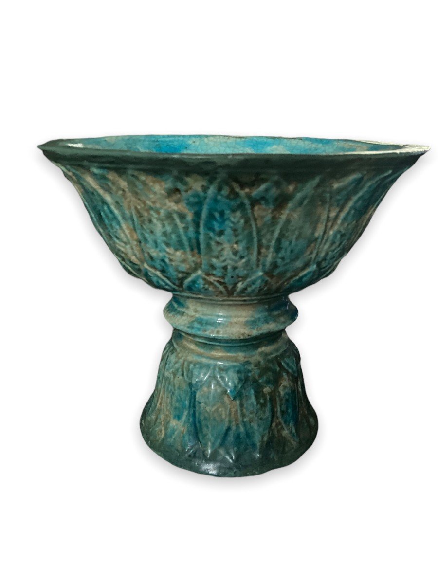 Blue Glazed Ceramic Diabolo Bowl Decorated With Foliage-photo-2