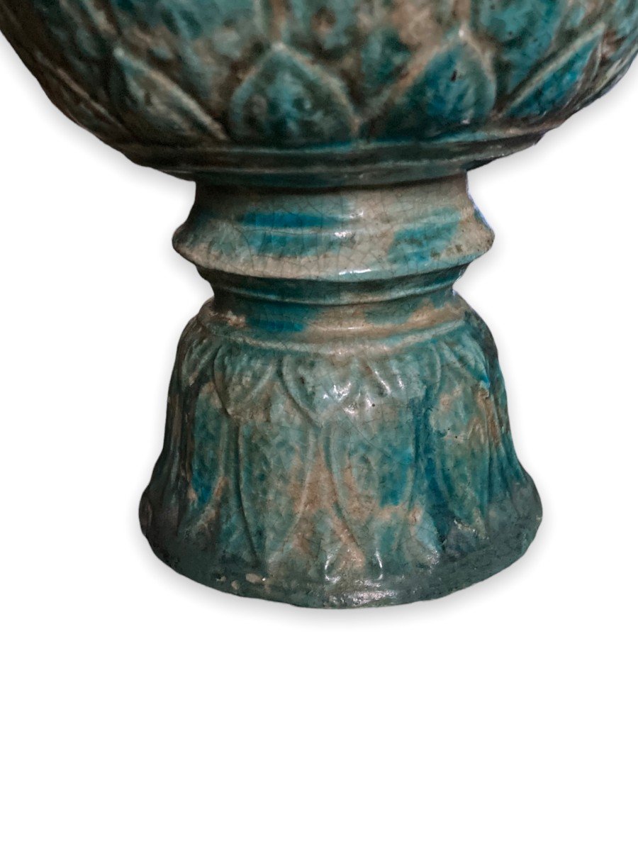 Blue Glazed Ceramic Diabolo Bowl Decorated With Foliage-photo-3