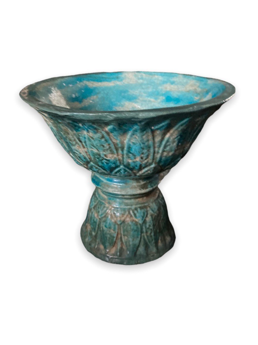 Blue Glazed Ceramic Diabolo Bowl Decorated With Foliage-photo-2