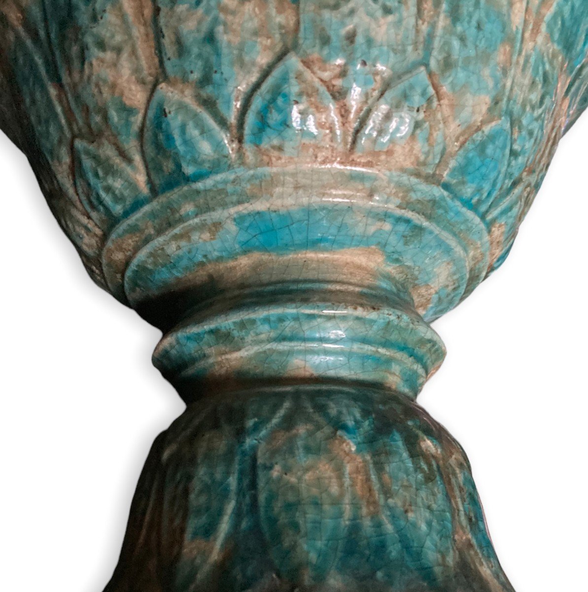 Blue Glazed Ceramic Diabolo Bowl Decorated With Foliage-photo-3