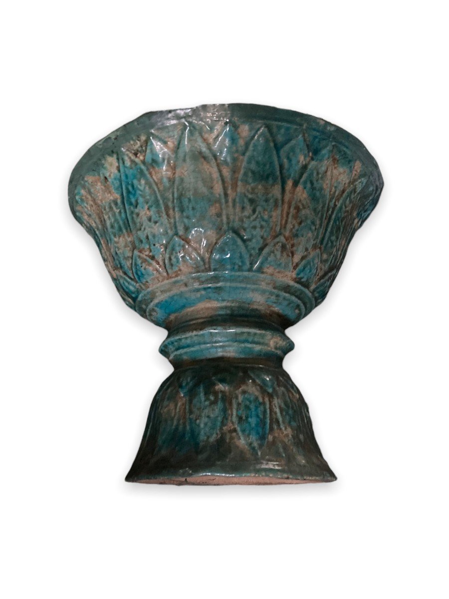 Blue Glazed Ceramic Diabolo Bowl Decorated With Foliage-photo-4