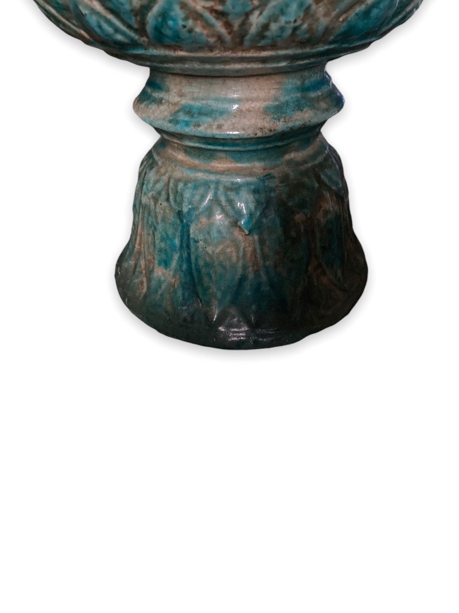 Blue Glazed Ceramic Diabolo Bowl Decorated With Foliage-photo-6