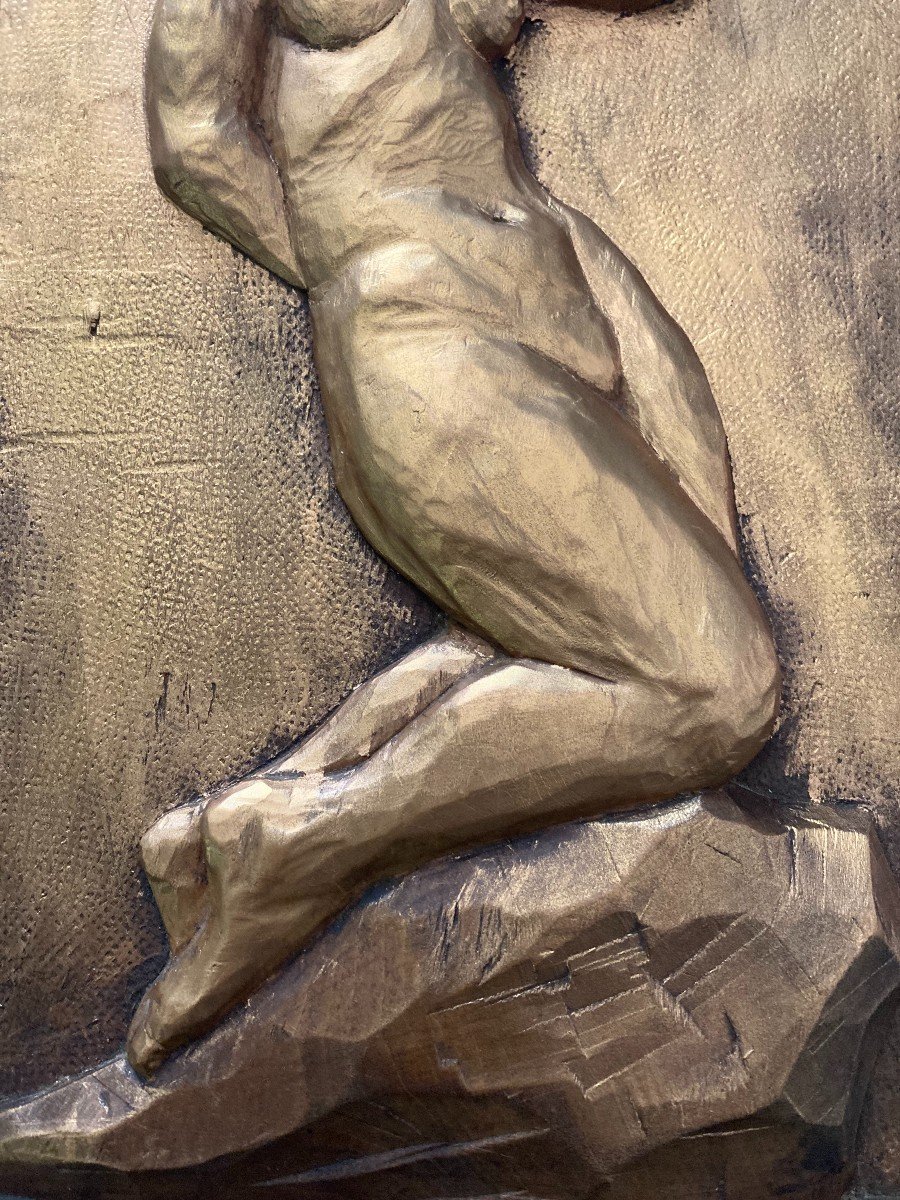 Bas relief en bois doré "KNIENDE" par Jean LENSALADE-photo-4