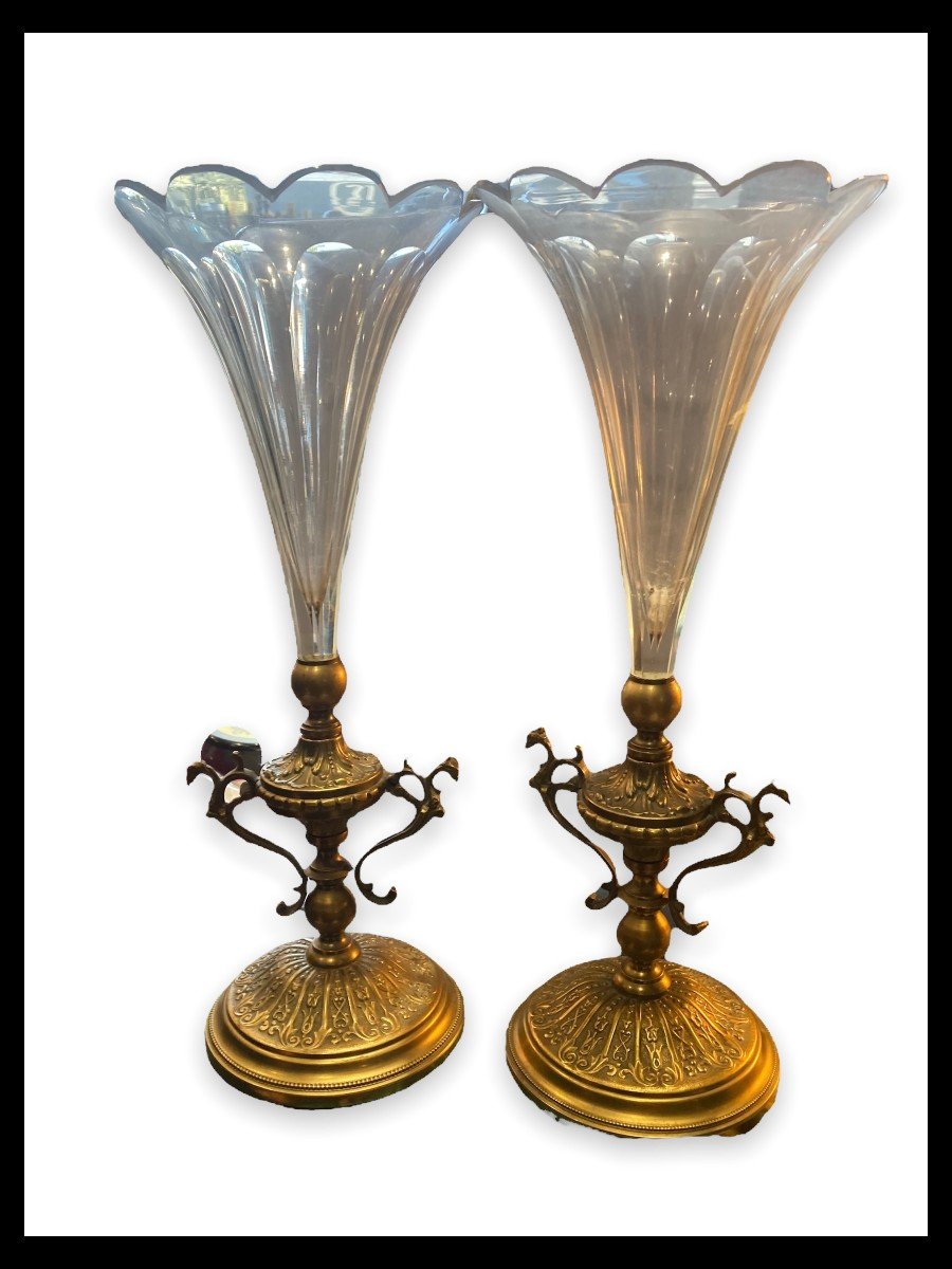 Paire De Vase Cornet En Bronze Et Cristal-photo-7