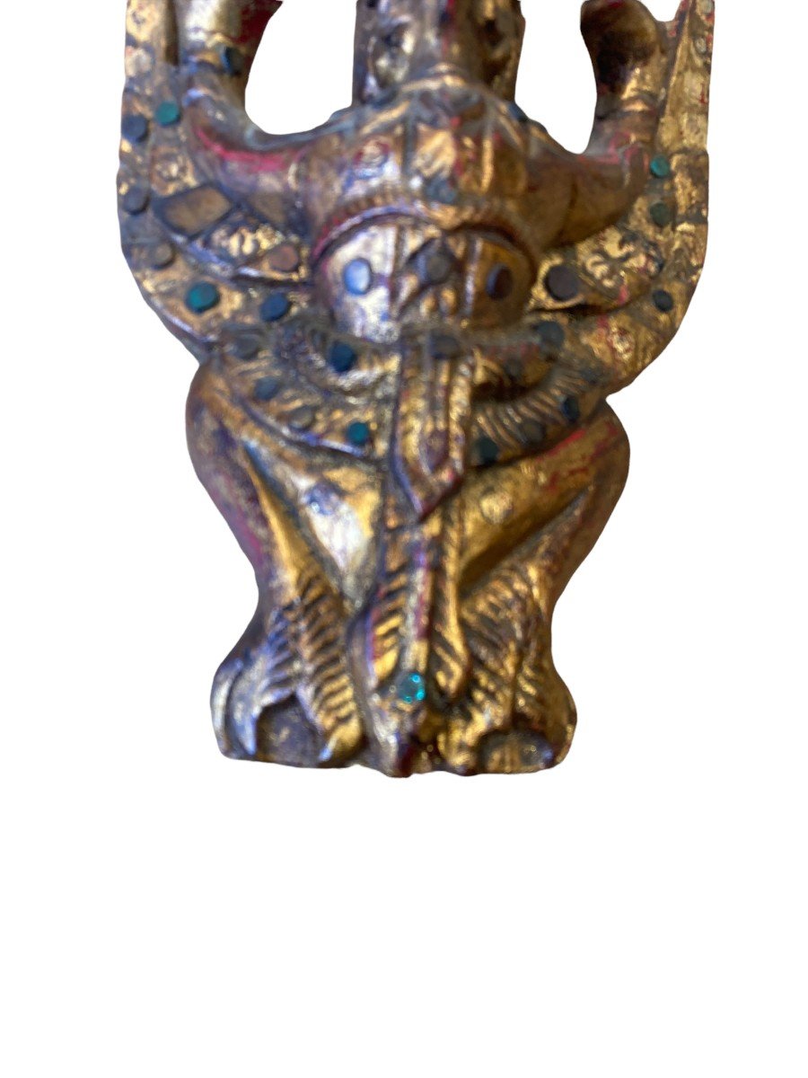 Burmese Garuda In Golden Wood And Colored Glass-photo-2