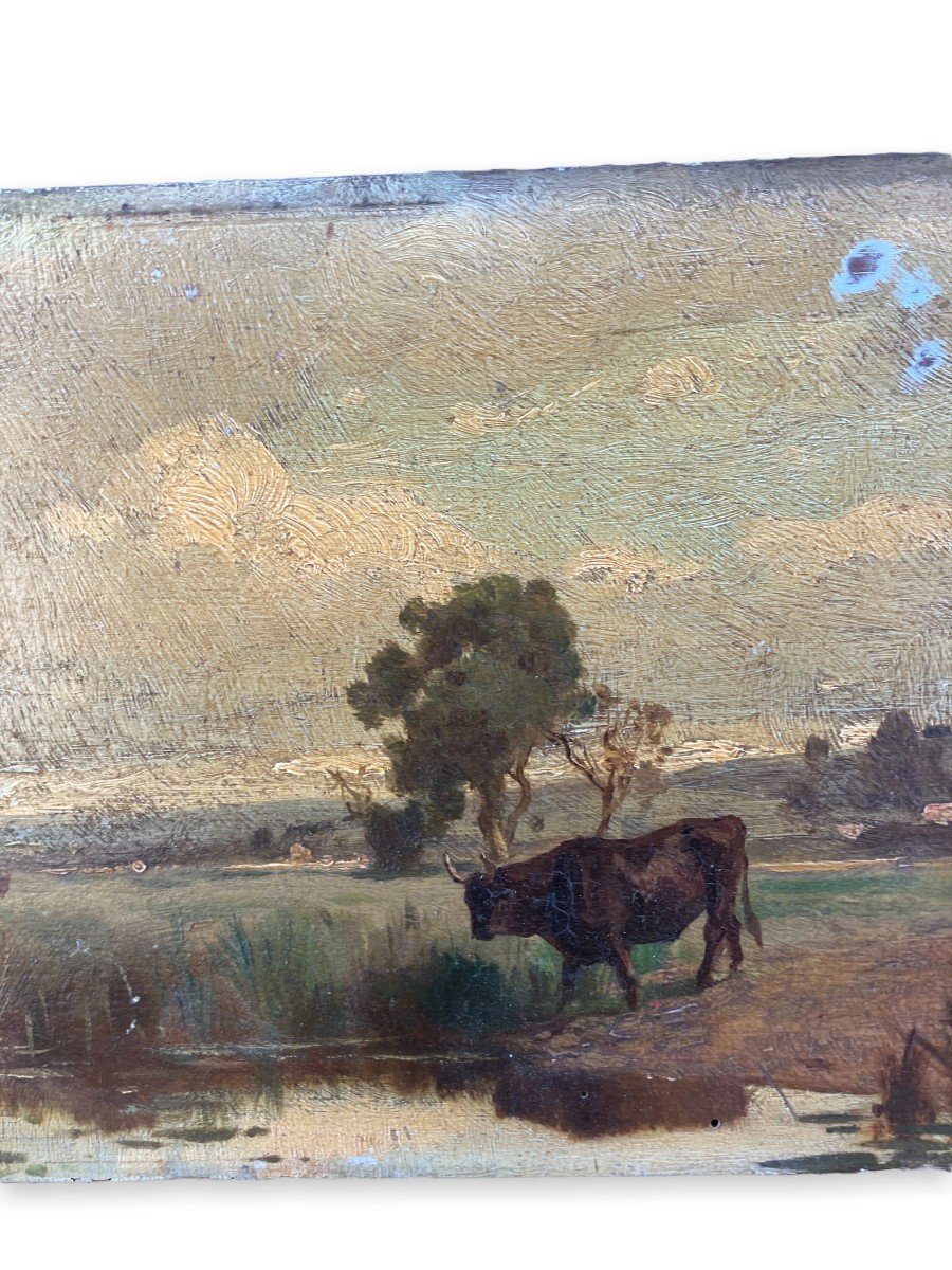 Oil On Panel XIXth "french Pastures" Follower Of Barbizon-photo-3