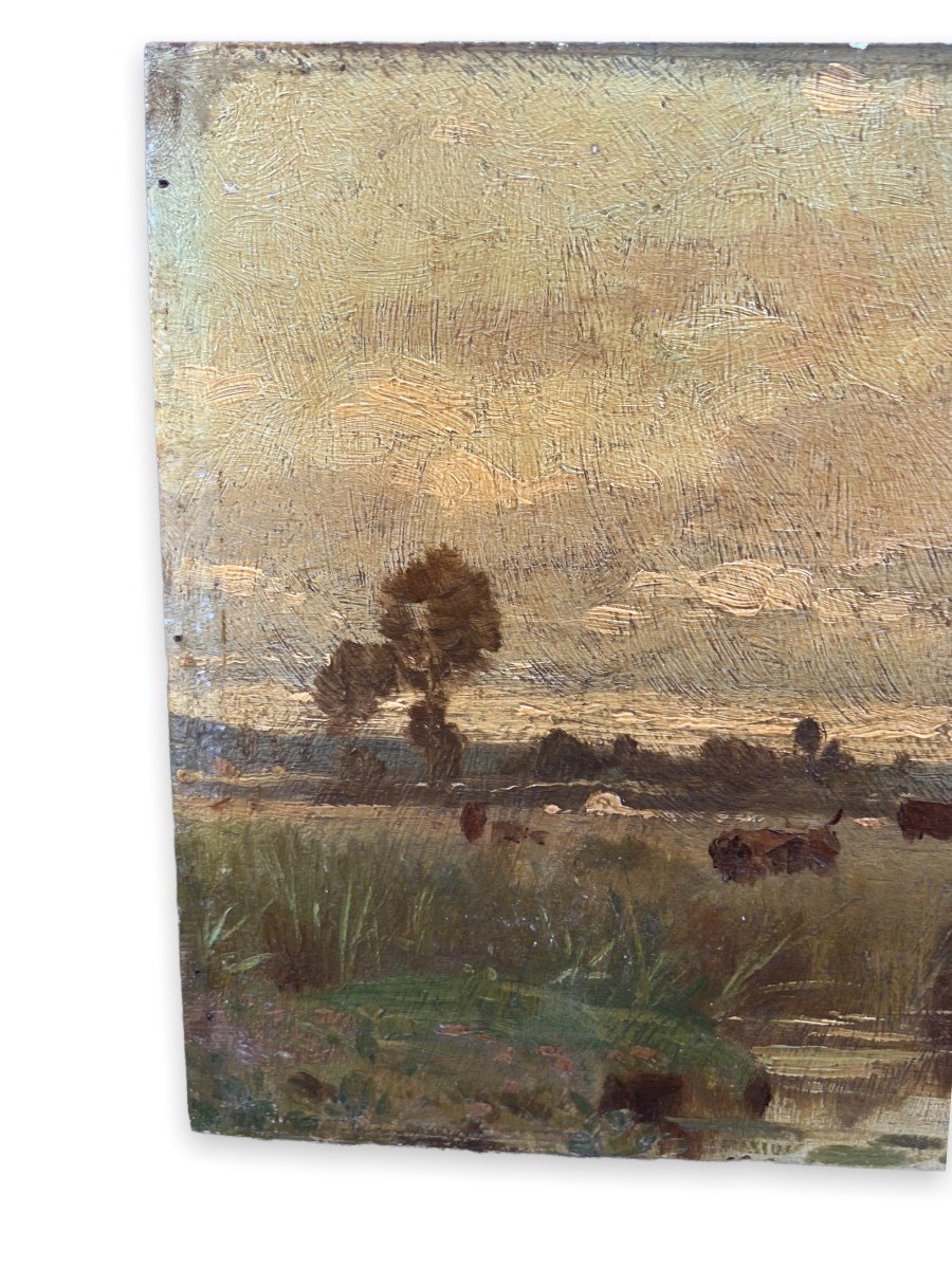 Oil On Panel XIXth "french Pastures" Follower Of Barbizon-photo-2