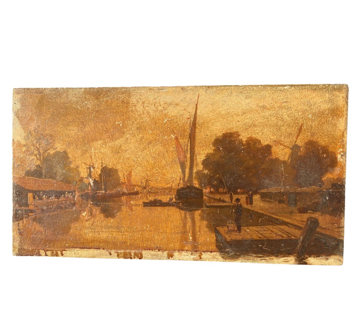 "Scène de port" huile sur panneau XIX Ecole Française-photo-2