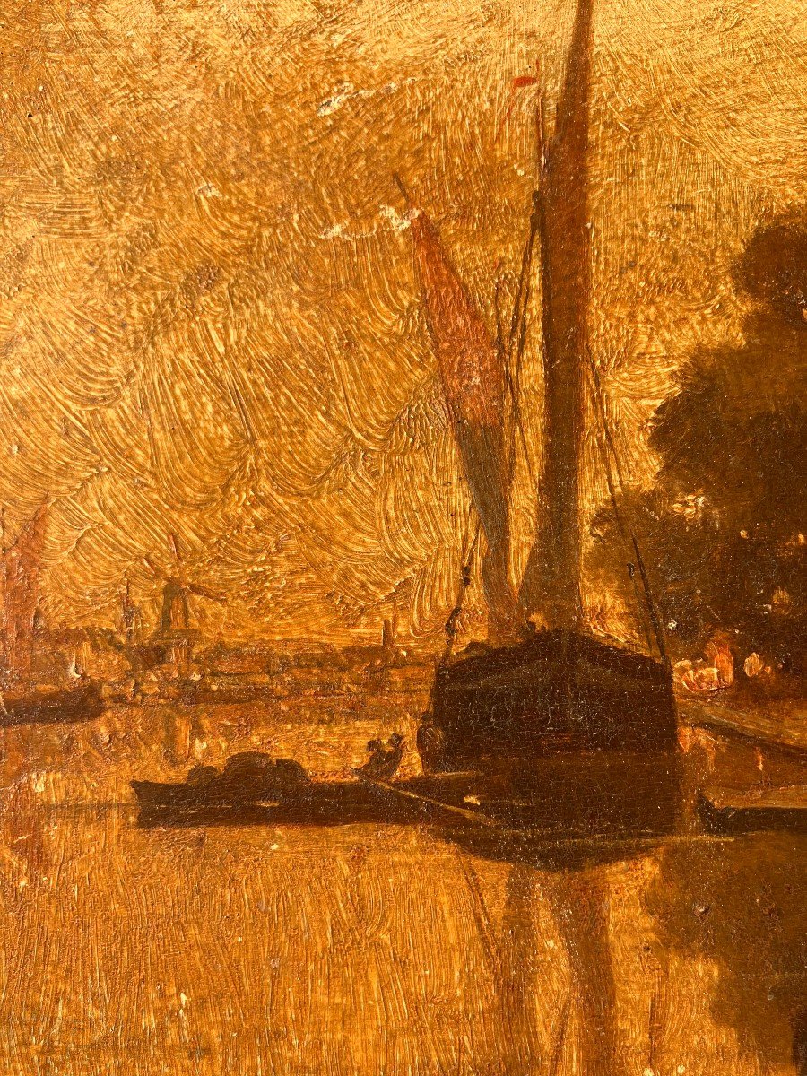 "port Scene" Oil On Panel XIX French School-photo-1