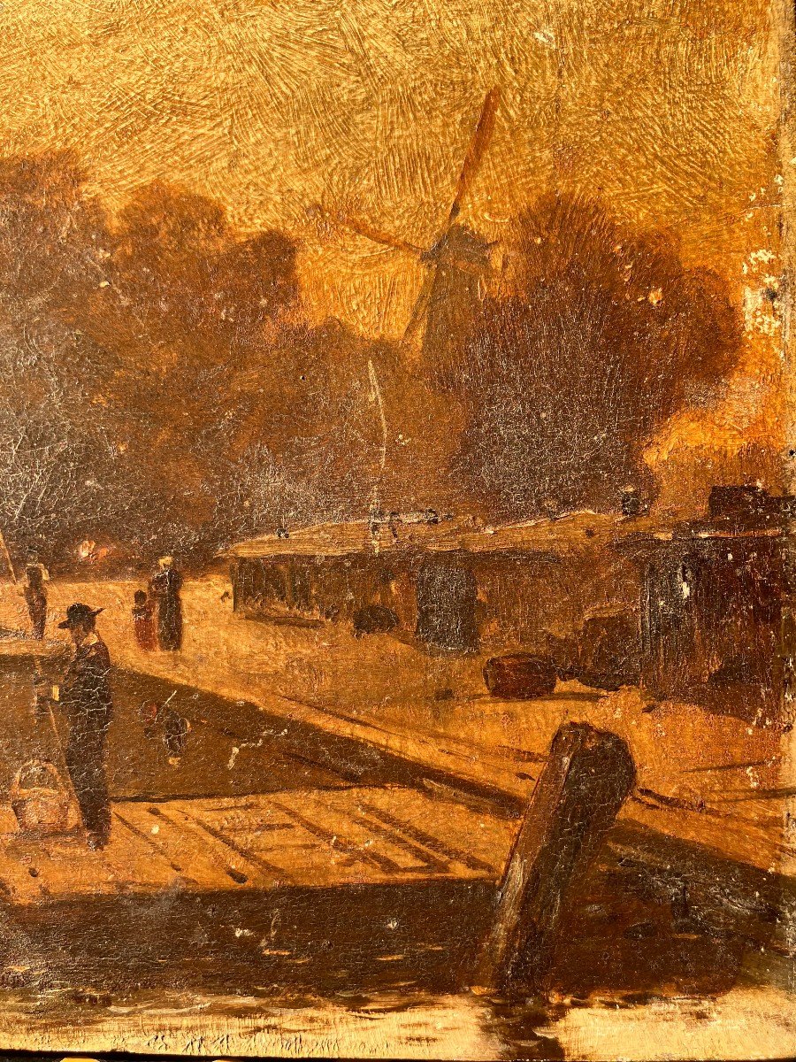 "Scène de port" huile sur panneau XIX Ecole Française-photo-2