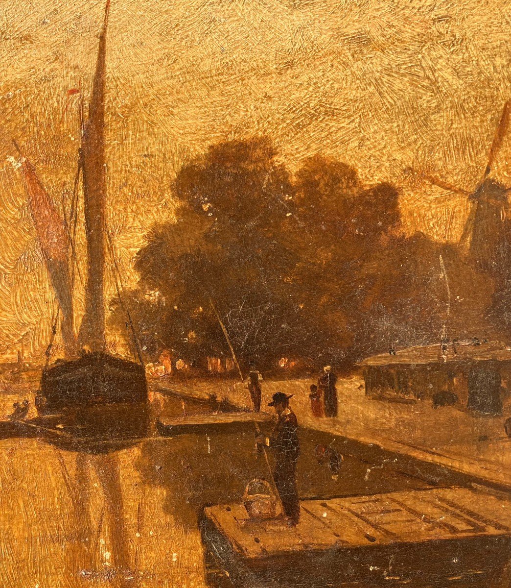 "Scène de port" huile sur panneau XIX Ecole Française-photo-4