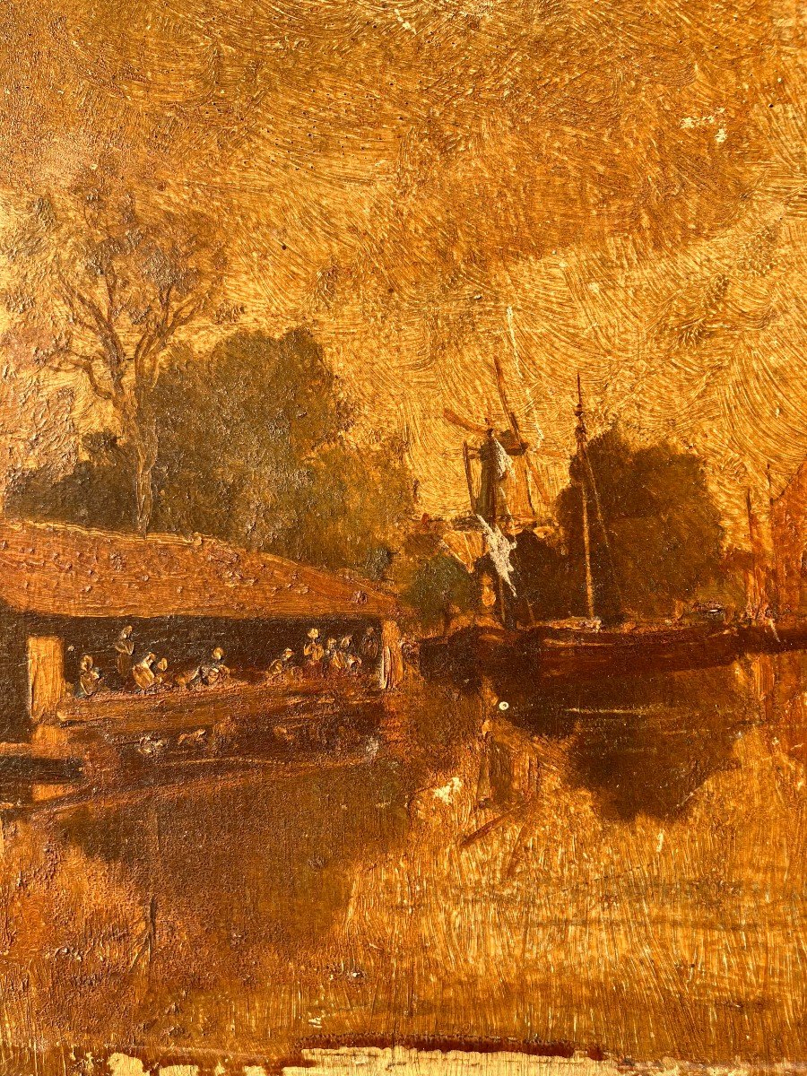 "Scène de port" huile sur panneau XIX Ecole Française-photo-6