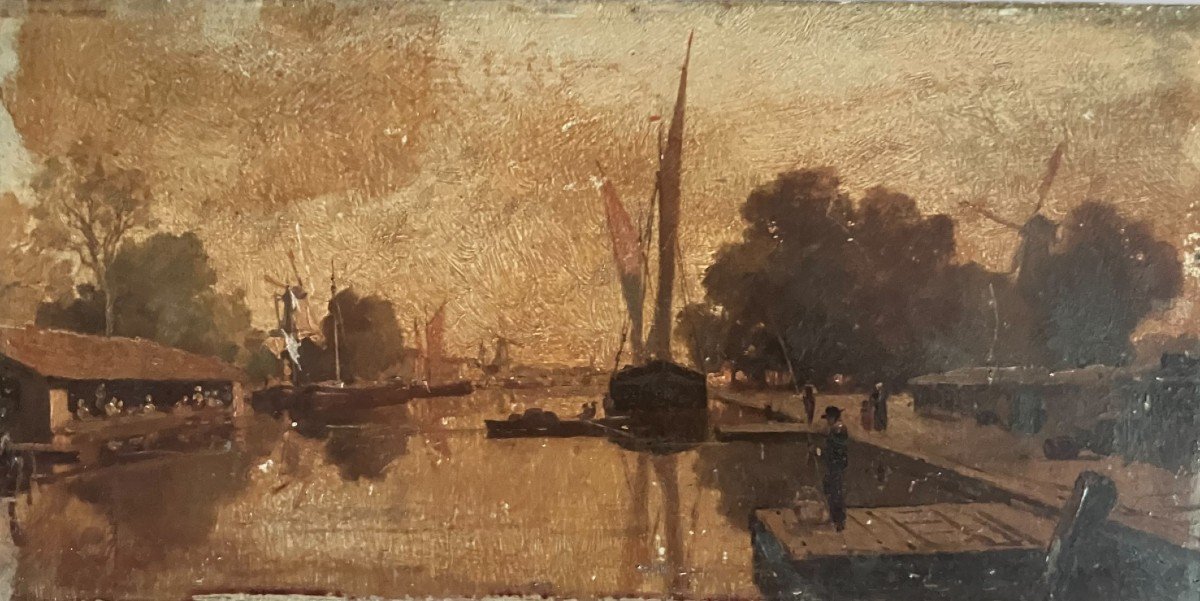 "port Scene" Oil On Panel XIX French School