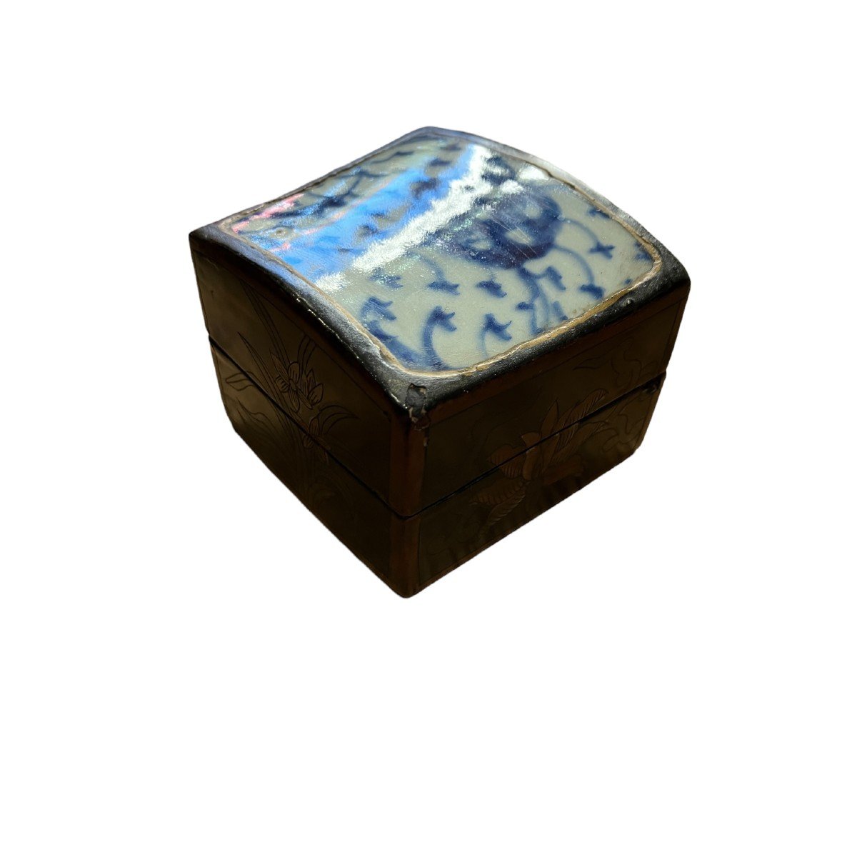 Chinese Box In Lacquered Wood, XVIIIth Porcelain Lid-photo-3