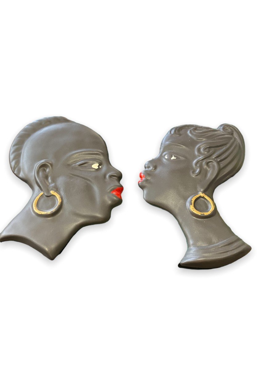 Pair Of African Heads In Vallauris Ceramics