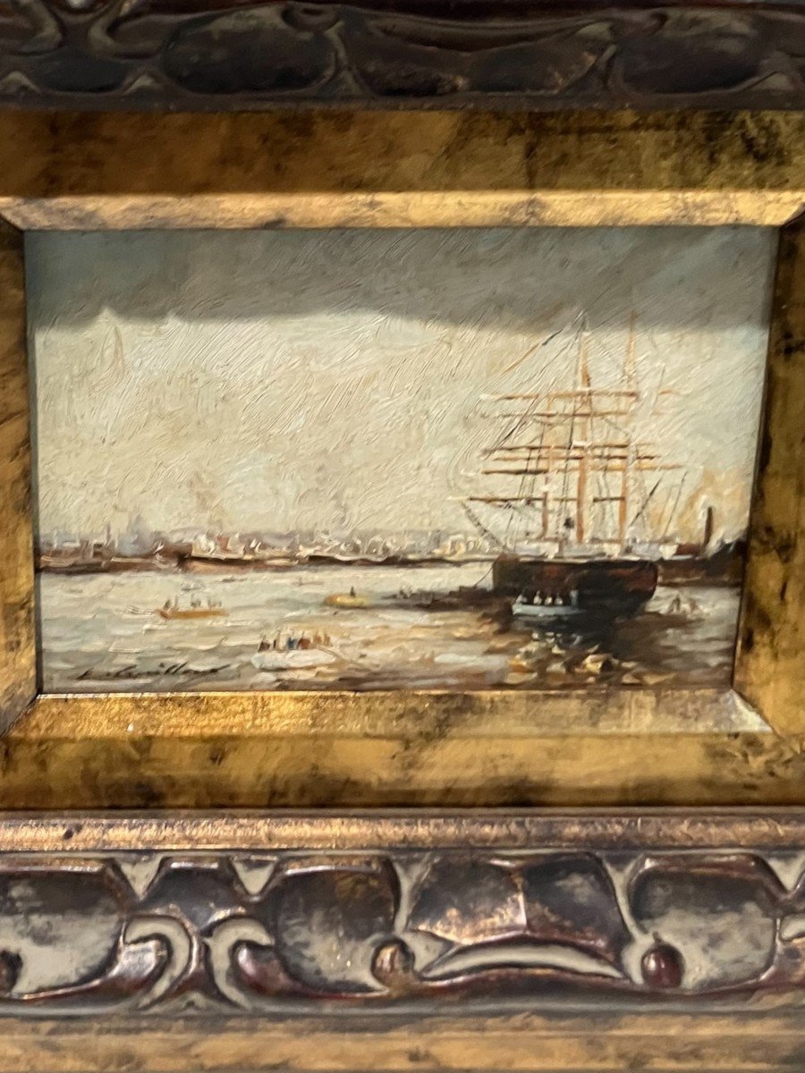 Huile sur toile "Bateaux au port" signée E. GUILLEUX  -photo-3