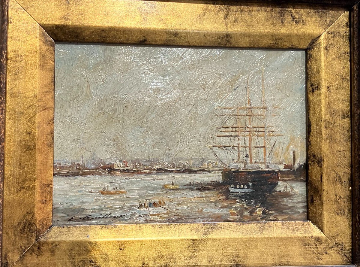 Oil On Canvas "boats In Port" Signed E. Guilleux-photo-7