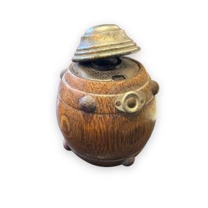 Wooden Inkwell Representing A Barrel Work Of Folk Art