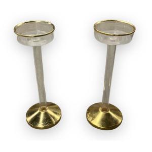 Pair Of Planters On Feet 1960s In Plexiglas And Golden Brass
