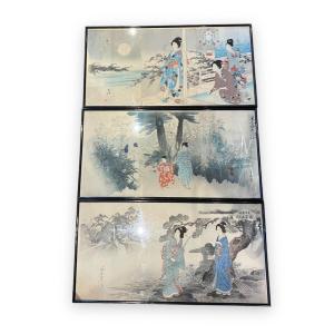 Set Of Three XIXth Japan Prints In Triptych Late Edo Beginning Meiji